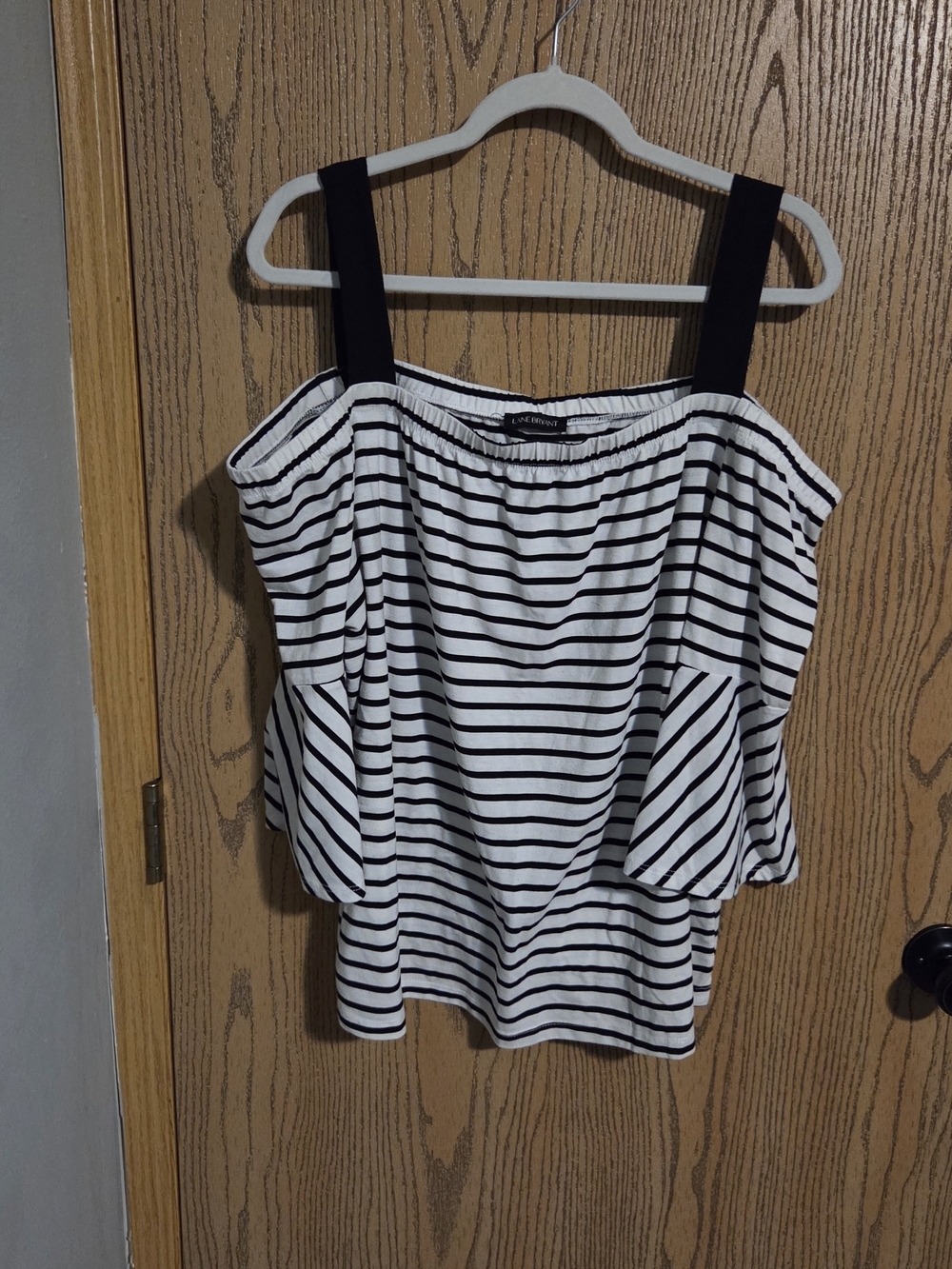 Lane Bryant Black and White Striped Off-Shoulder Tank with Wide Black Straps